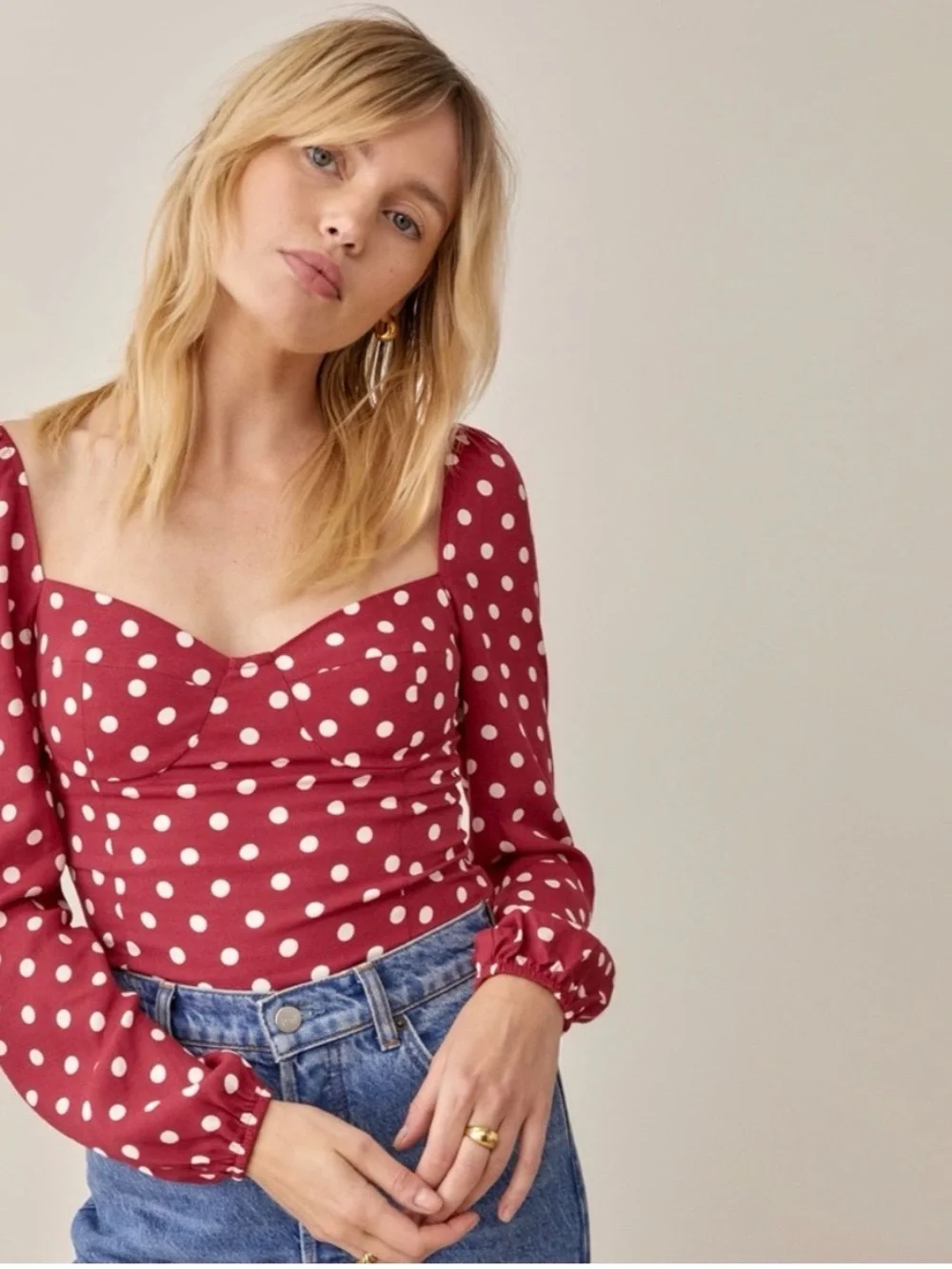 Reformation Red Polka Dot Square-Neck Long Sleeve Top